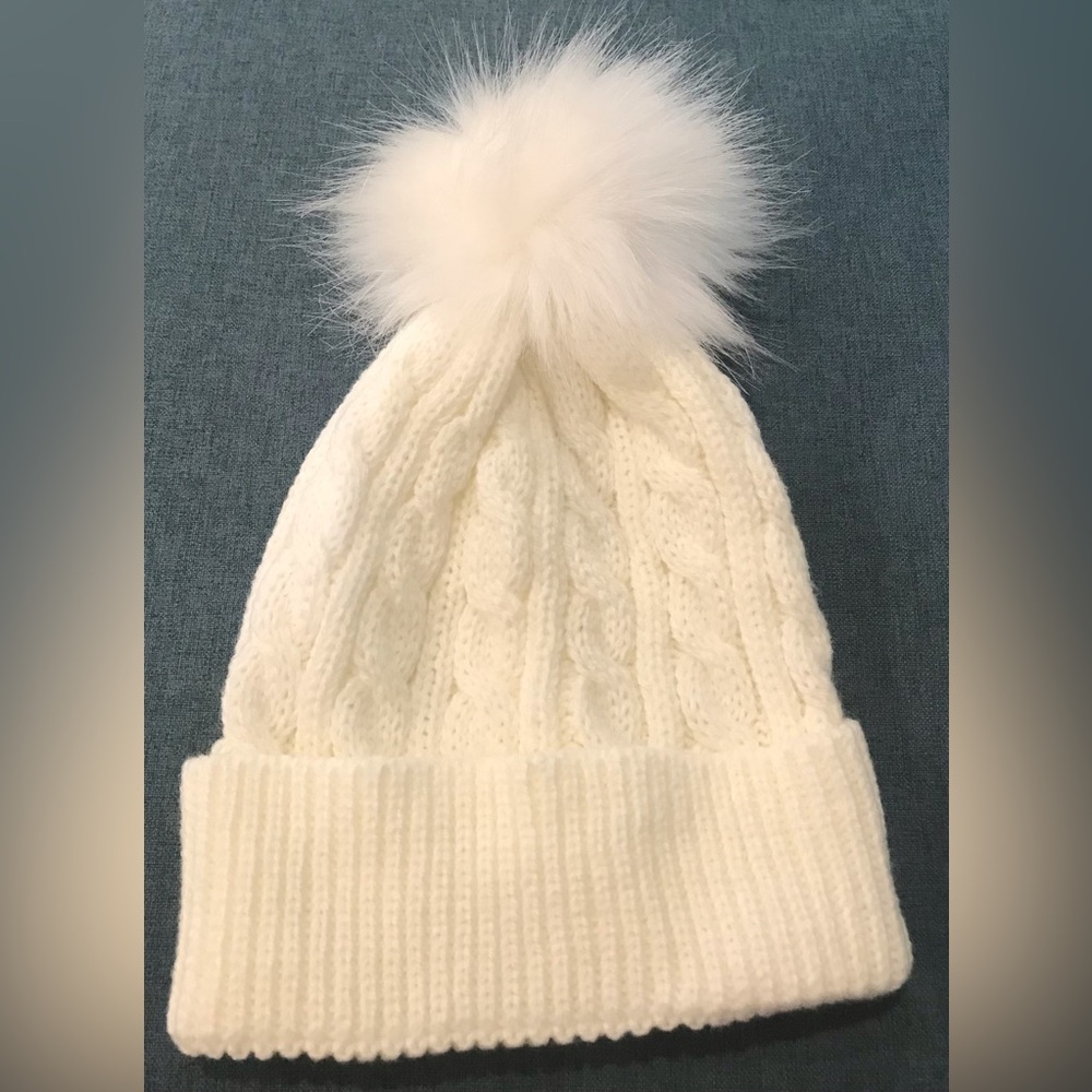Soft & Warm Knitted Beanie with Feathery Large  Pom-Pom in Cream Braided Pattern